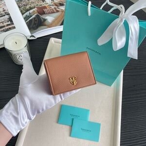 Tiffany & Co. Brown Leather Compact Wallet with Gold Monogram